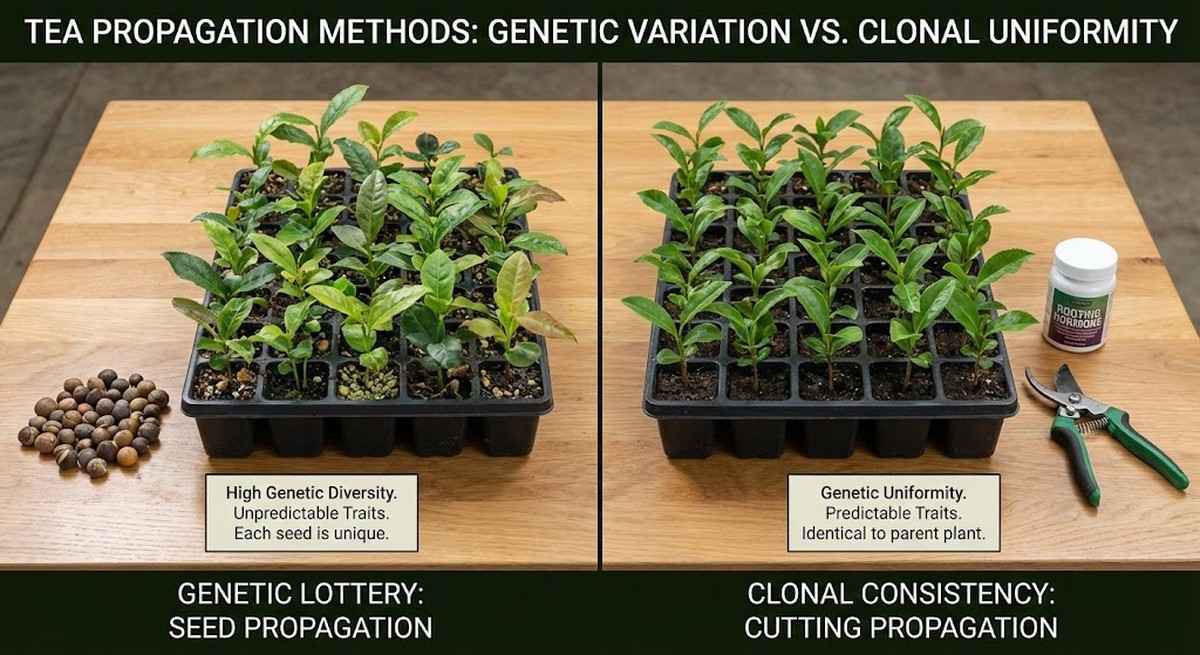 Tea propagation showing genetic lottery of seeds vs clonal cuttings