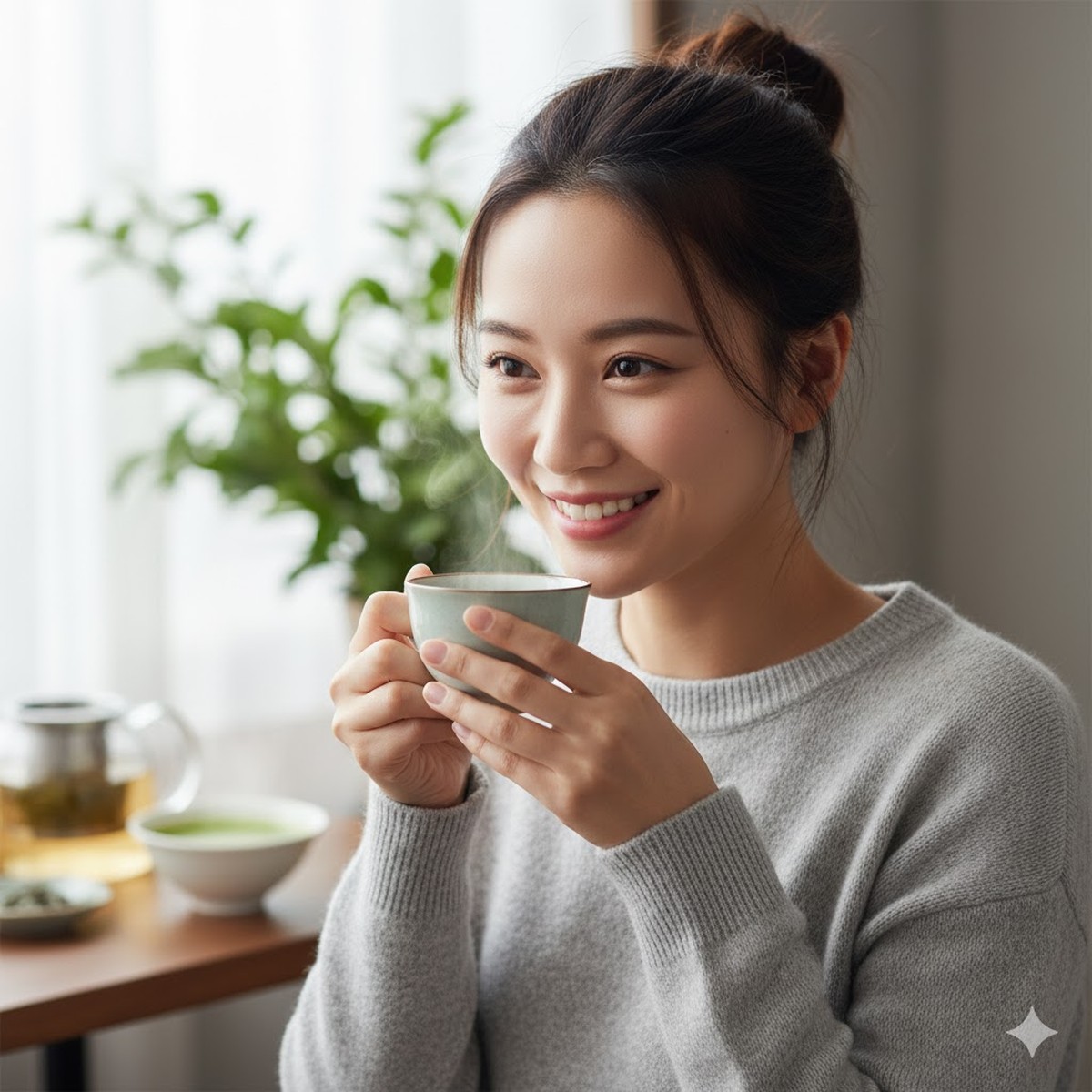 A healthy-looking person smiling and drinking a cup of green tea.