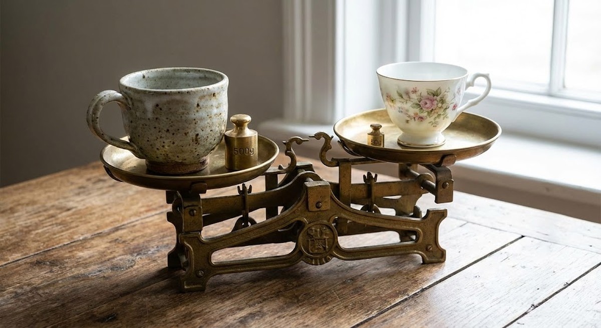A heavy ceramic teacup next to a lightweight porcelain cup on a scale.