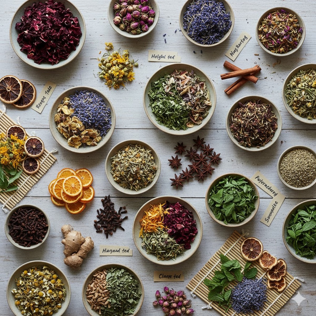 A colorful flat lay of various herbs, flowers, and spices used for herbal teas.