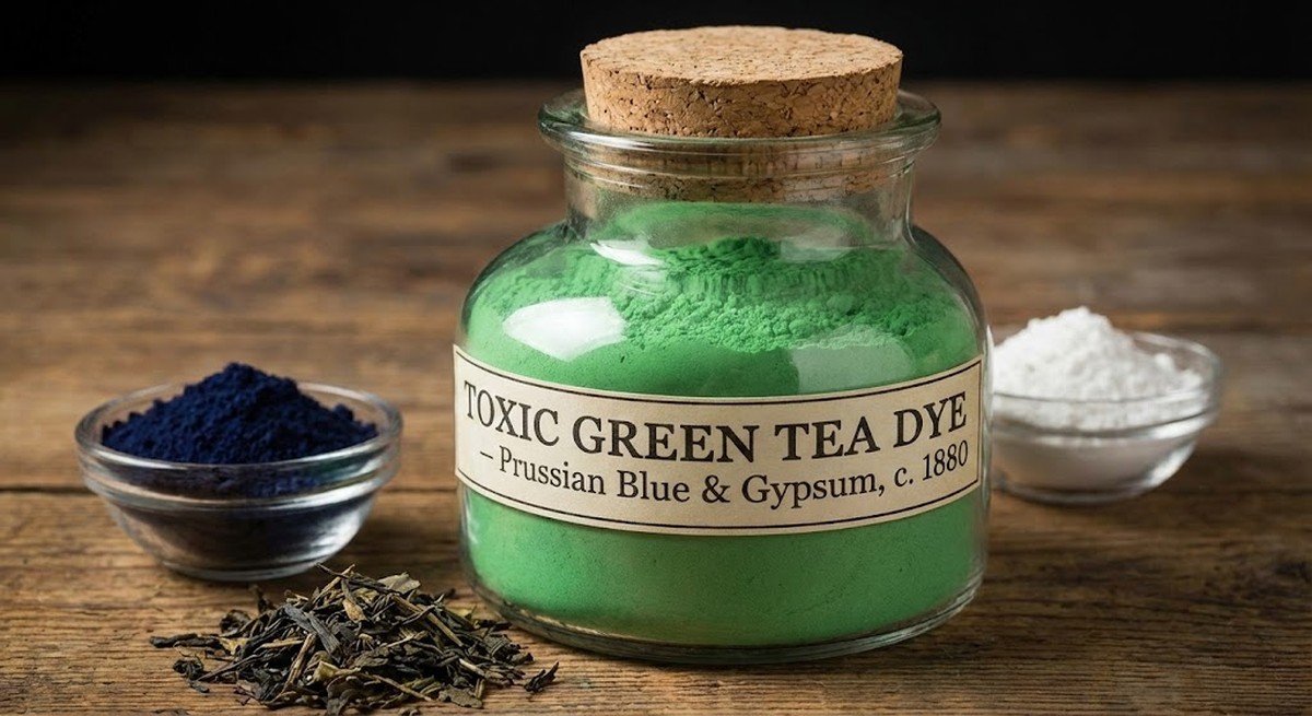Historical toxic green tea dye made from Prussian blue and gypsum.
