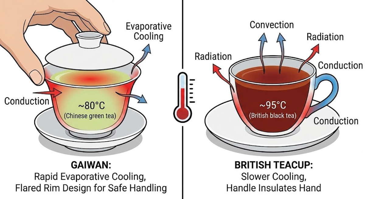 comparison of handleless Chinese gaiwan vs British teacup with handle thermal physics