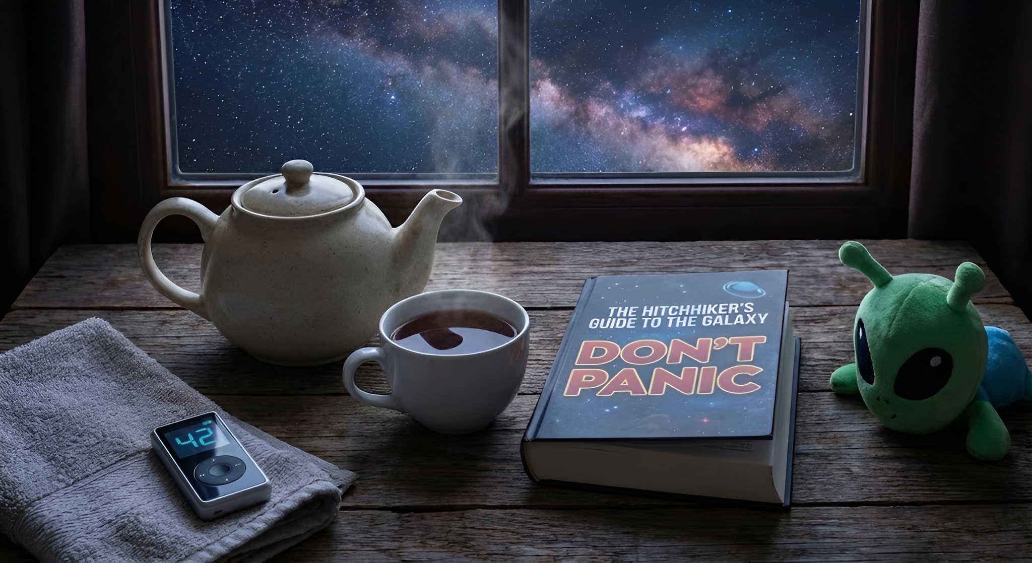 A cup of tea floating in space next to a towel.