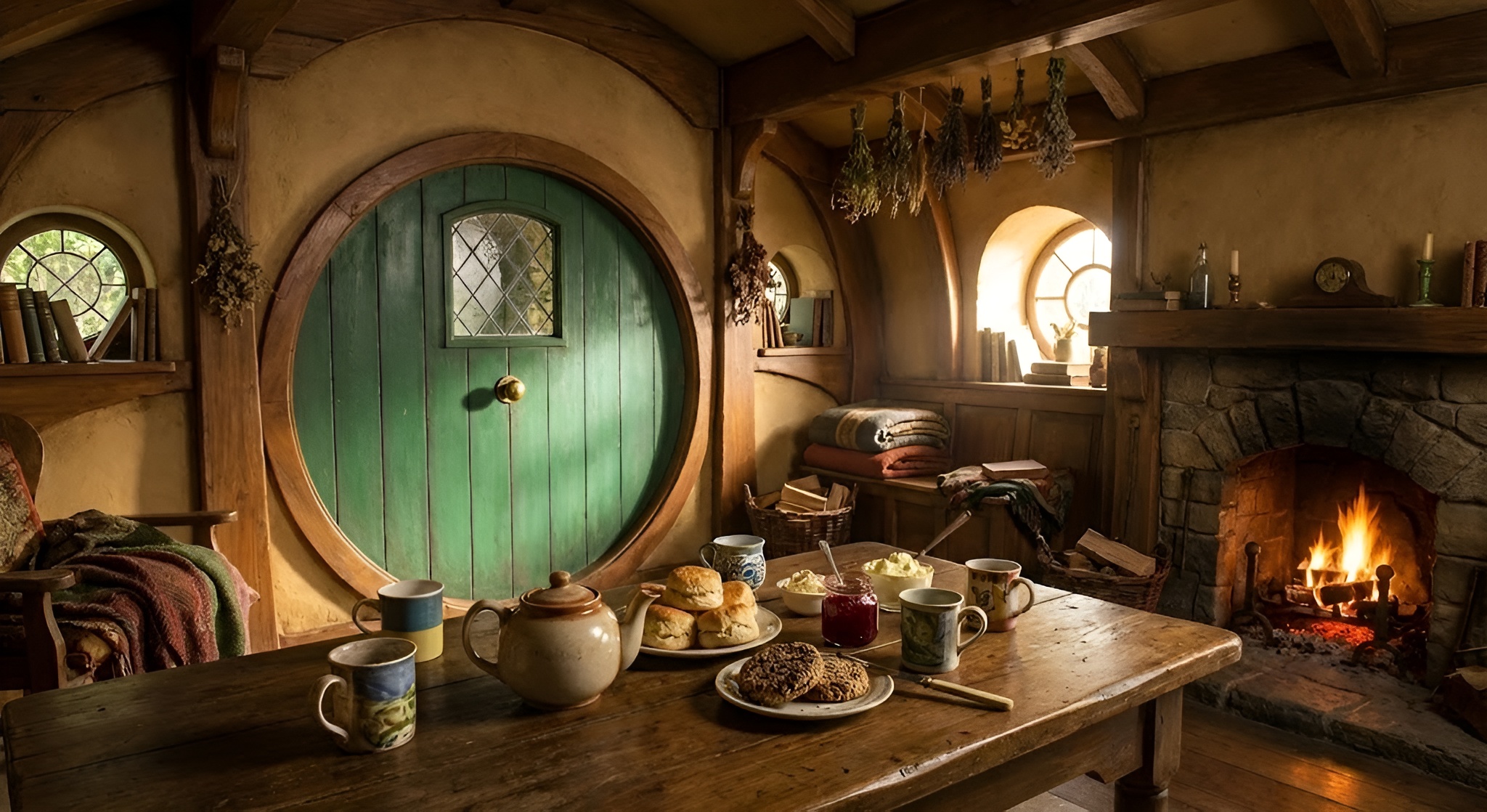 A cozy hobbit hole interior with a tea table set.