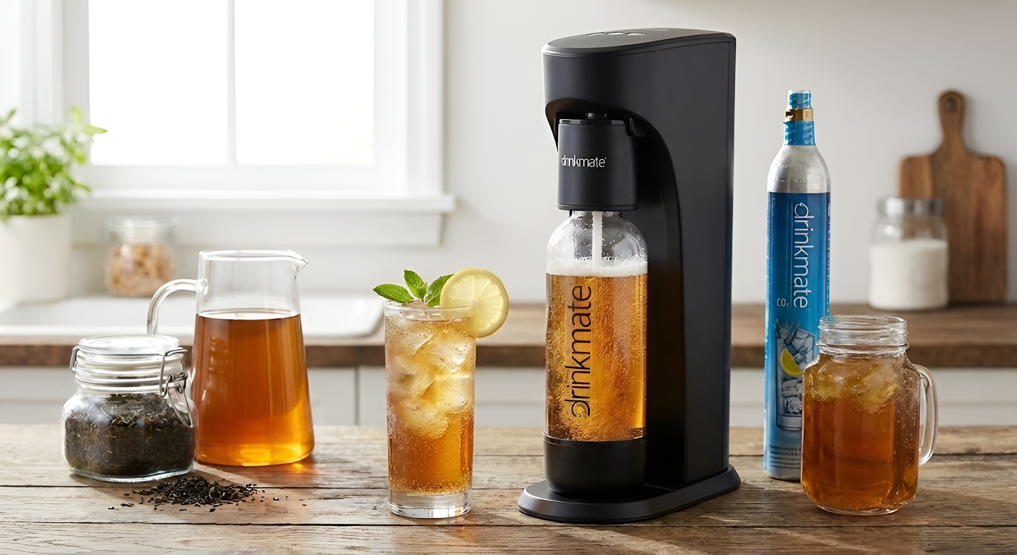A home carbonation setup with a Drinkmate machine.