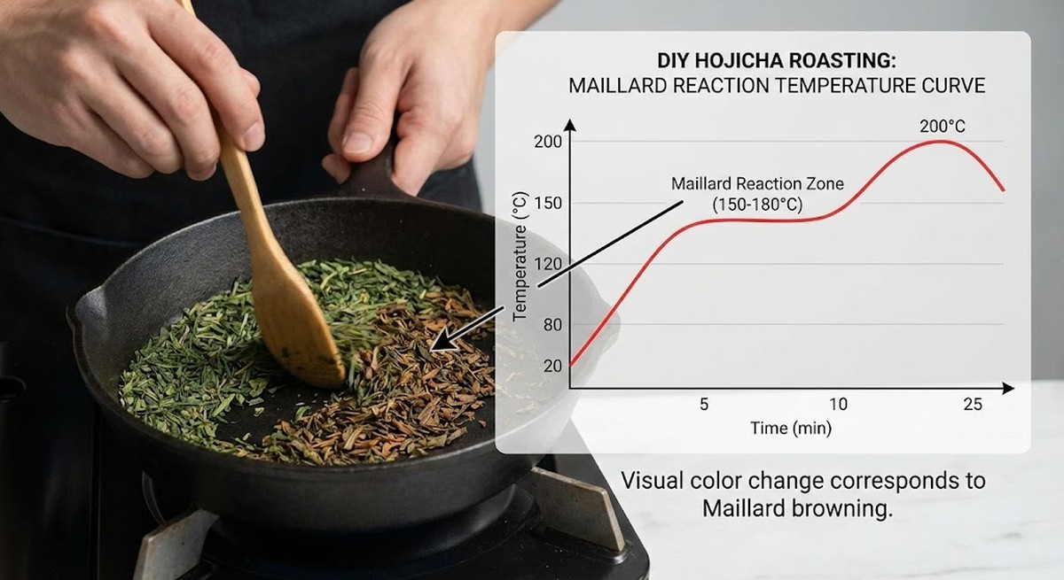 DIY Hojicha roasting showing Maillard reaction temperature curve