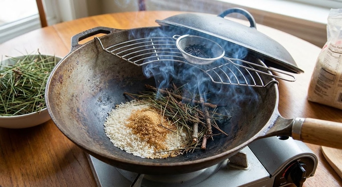Wok smoking DIY Lapsang showing rice sugar and pine method