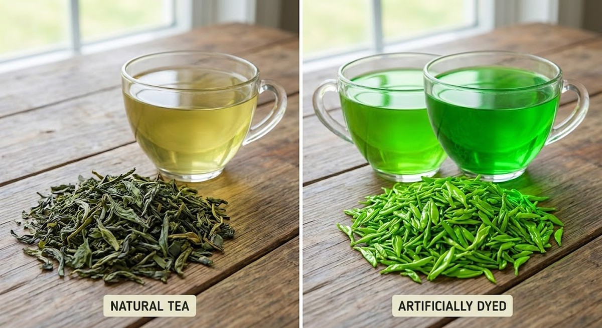 Comparison of natural tea color vs artificially dyed tea.