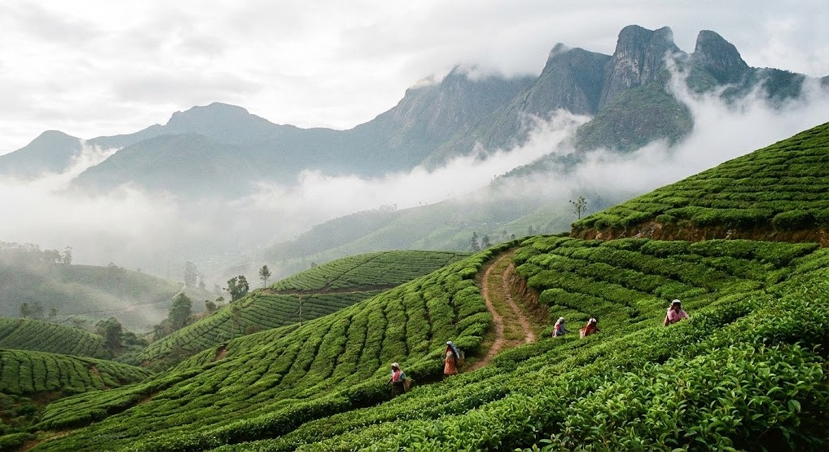 Tea plantation at high altitude with misty mountains.