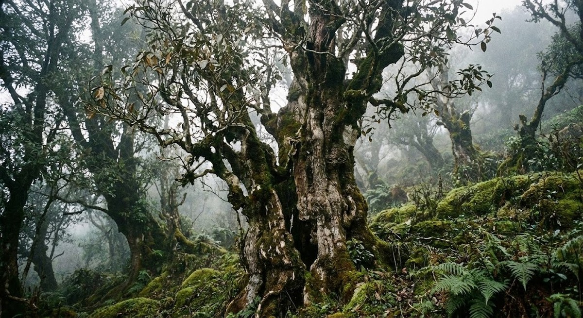 Ancient tea tree with thick trunk and sparse leaves.