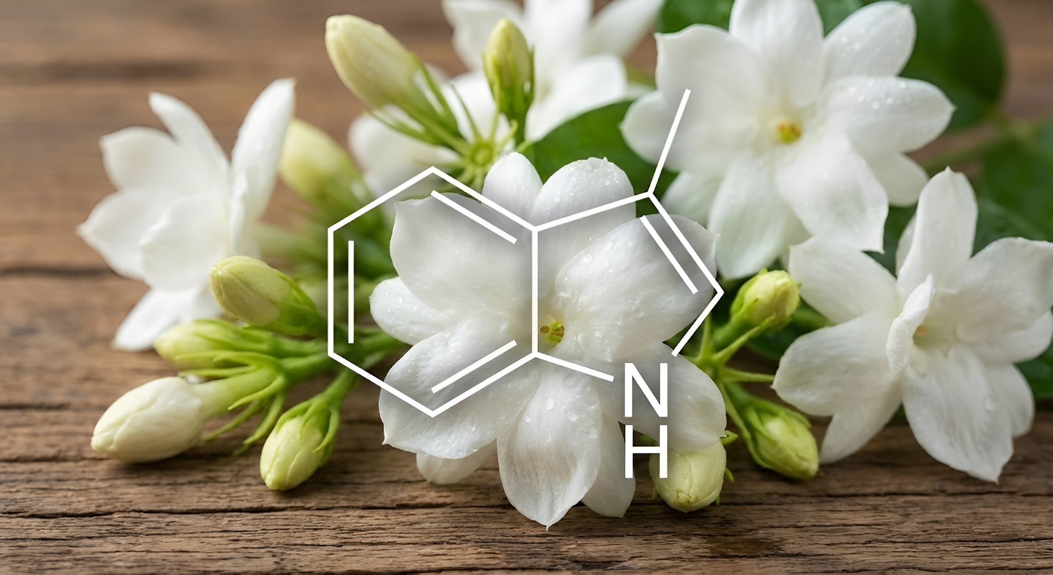 Molecular diagram of Indole overlaid on jasmine flowers.