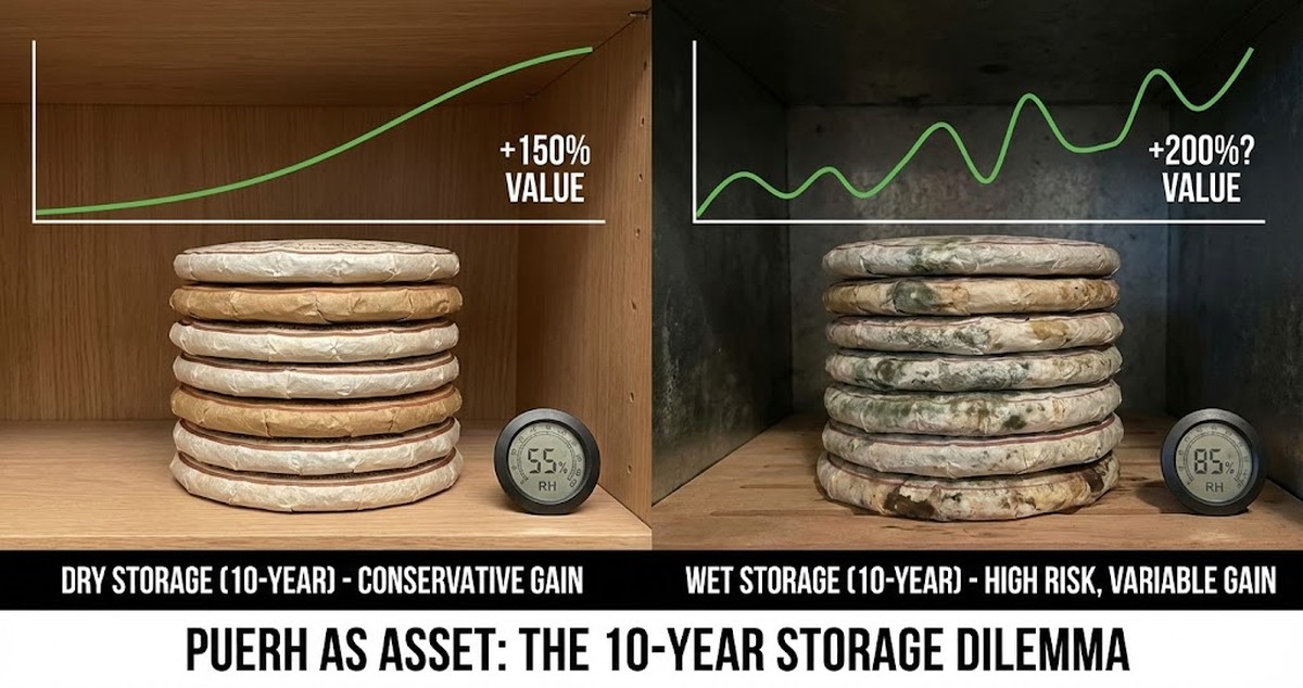 Puerh as asset showing dry storage vs wet storage 10-year returns