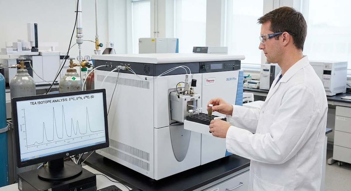 Mass spectrometer analyzing tea isotope ratios.