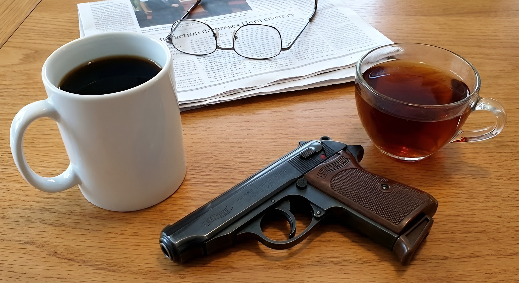A Walther PPK next to a cup of black coffee.