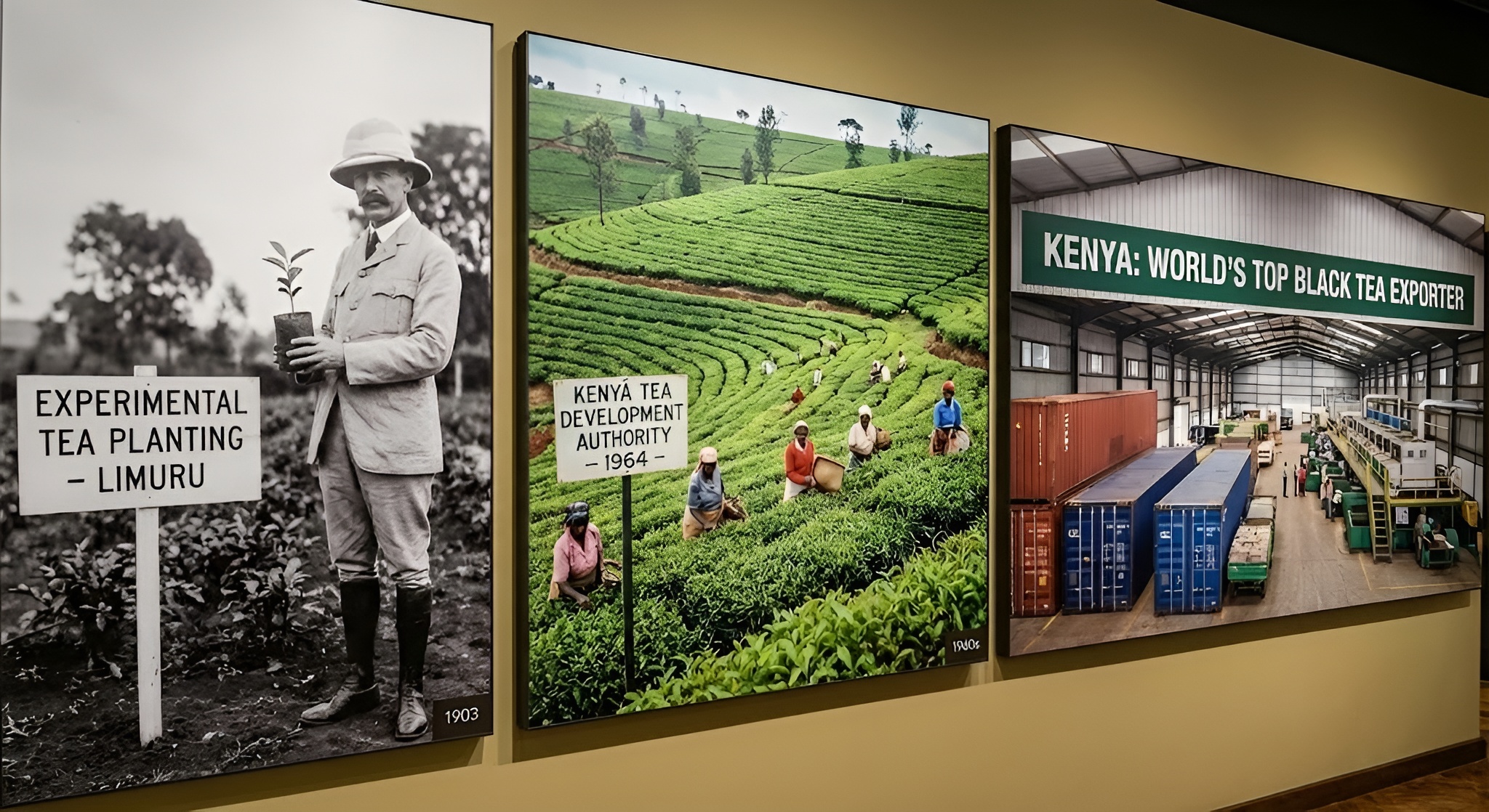 A lush green tea plantation in the Kericho highlands of Kenya.