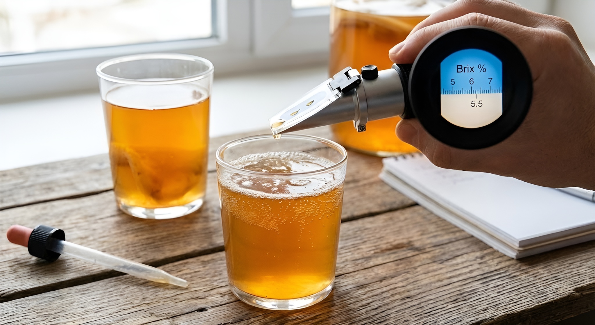 A refractometer measuring sugar levels in a glass of kombucha.