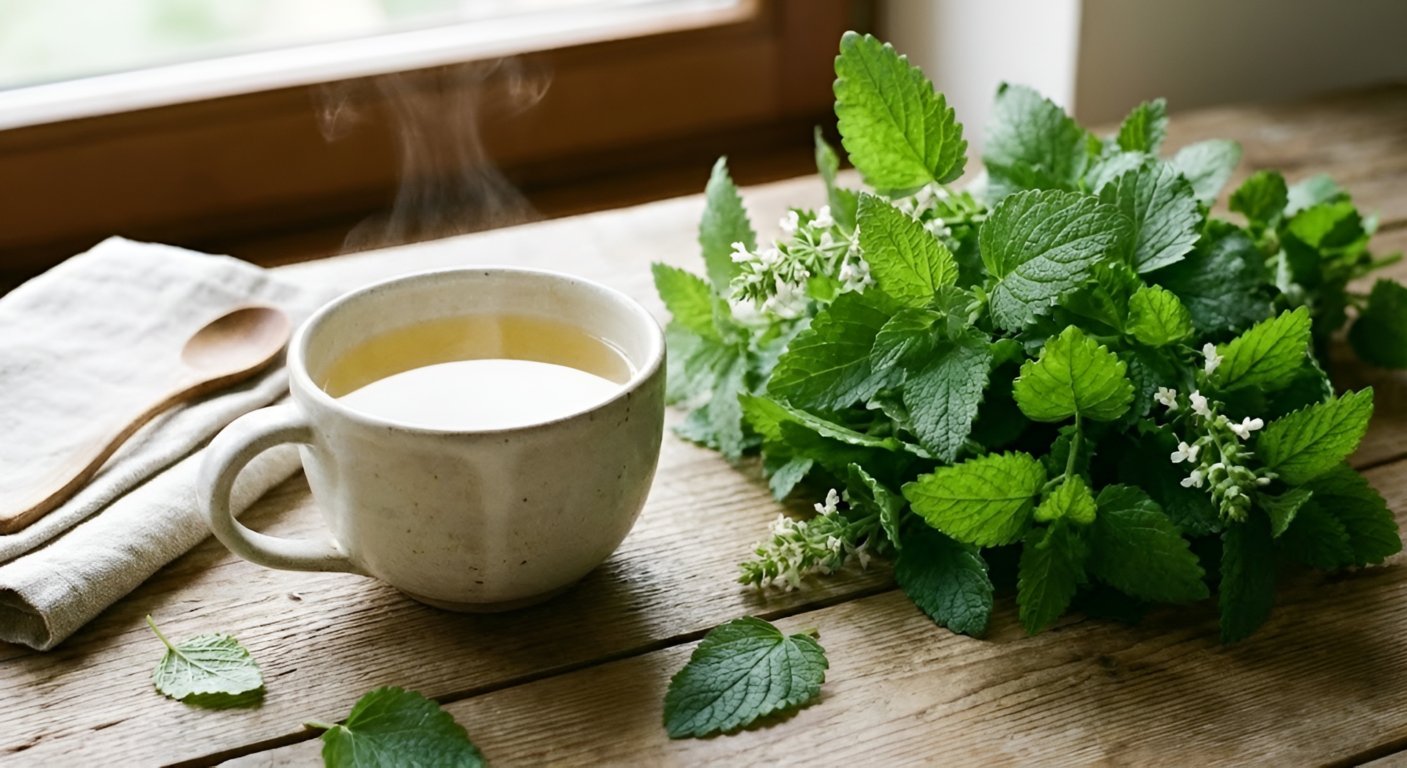 Fresh lemon balm growing in a garden.