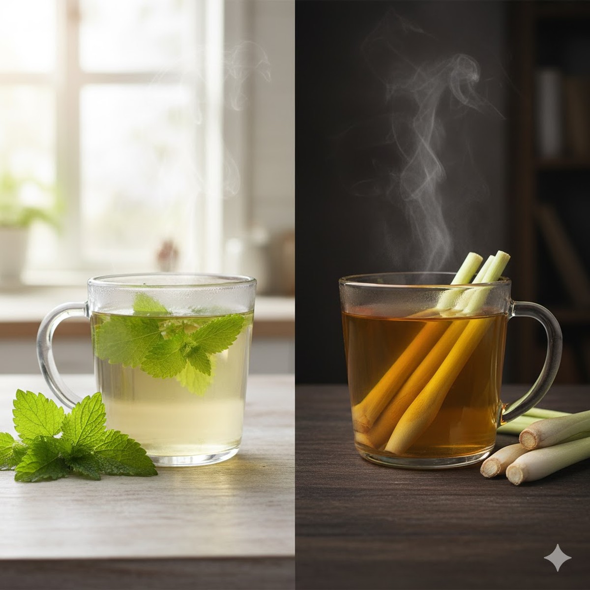 a splitscreen image of lemonbalm versus lemongrass.