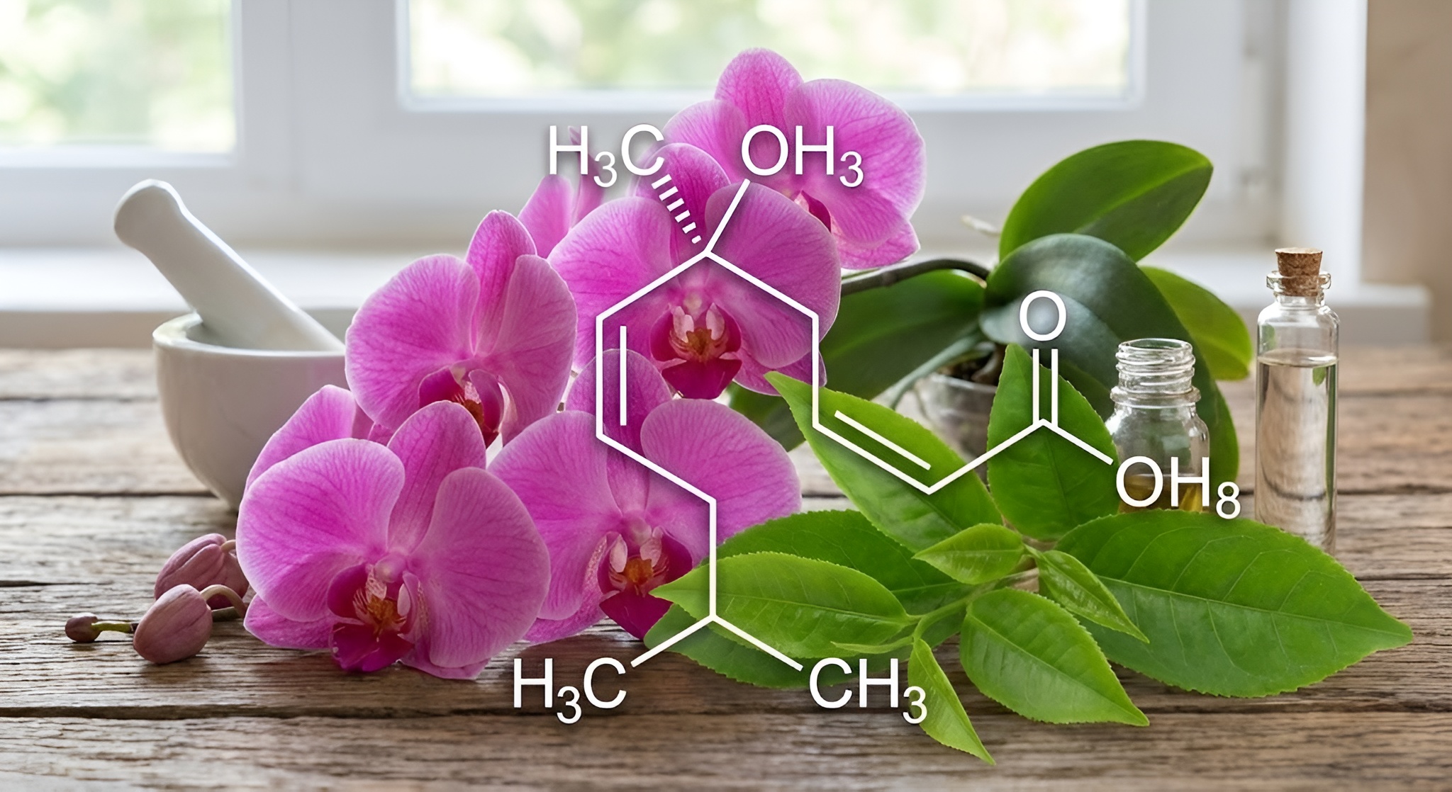 Molecular diagram of Linalool on a tea leaf.