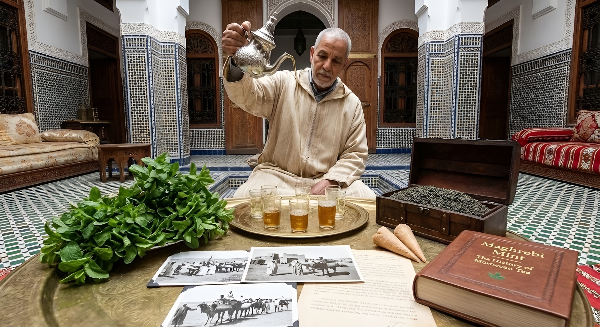 Pouring Moroccan Mint Tea from a height.