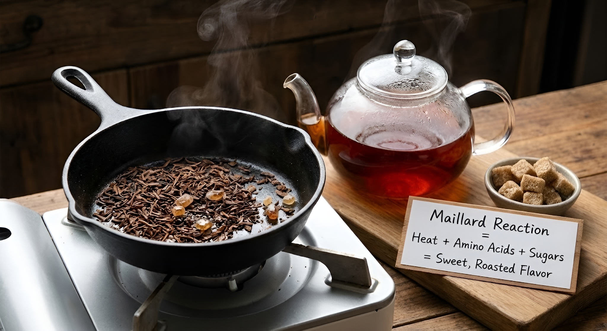 Tea leaves roasting over charcoal.