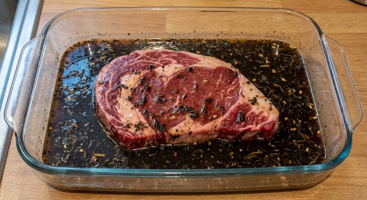 raw steak marinating in dark black tea based liquid in glass dish