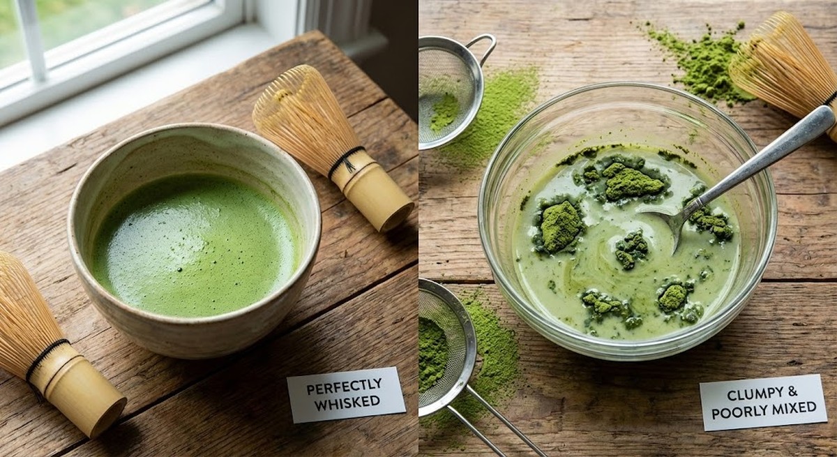 A fine mesh sieve sifting bright green matcha powder.