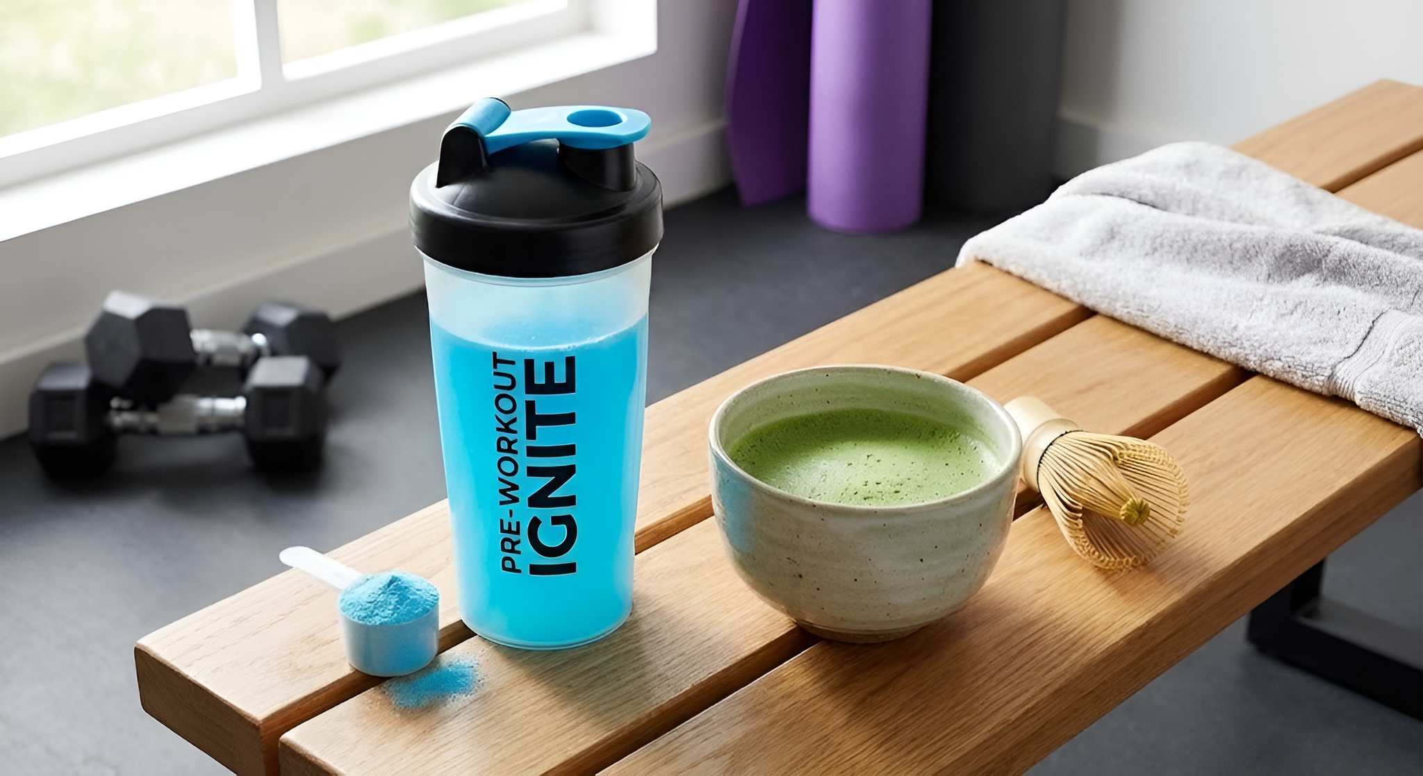 A shaker bottle of matcha next to gym equipment.