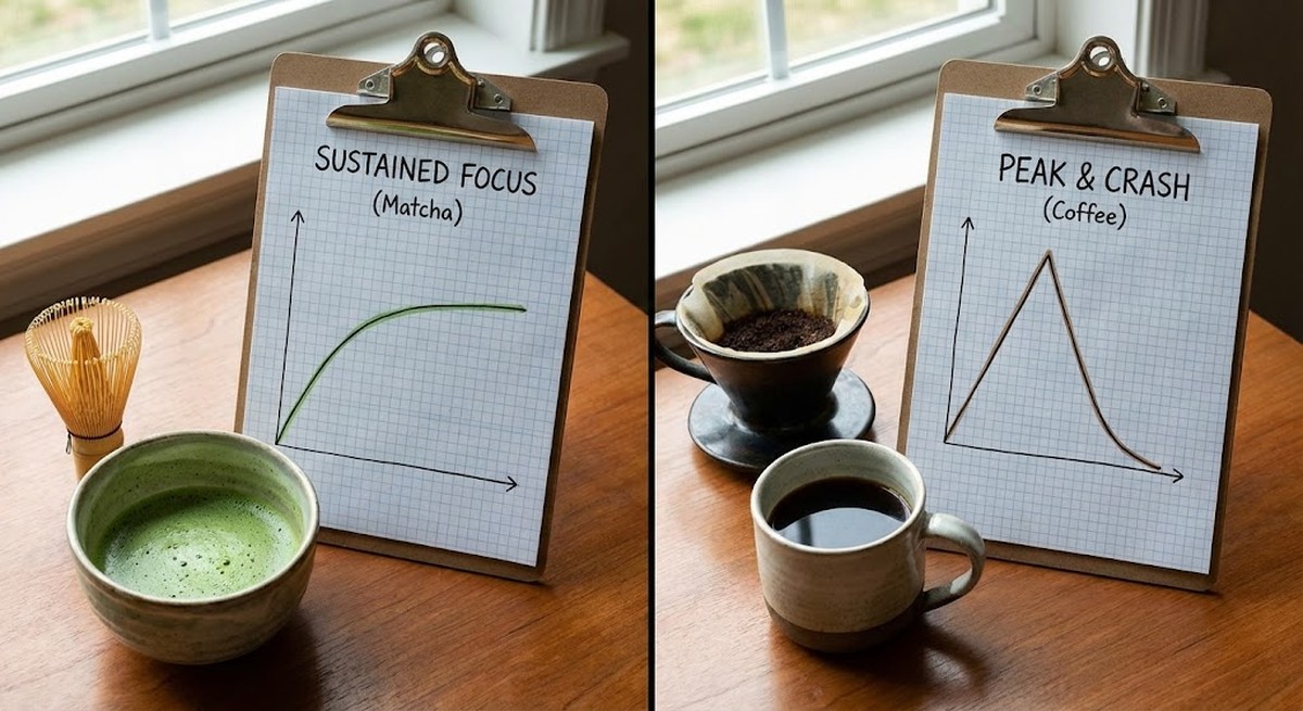 Side by side comparison of matcha bowl and coffee cup with productivity graphs.