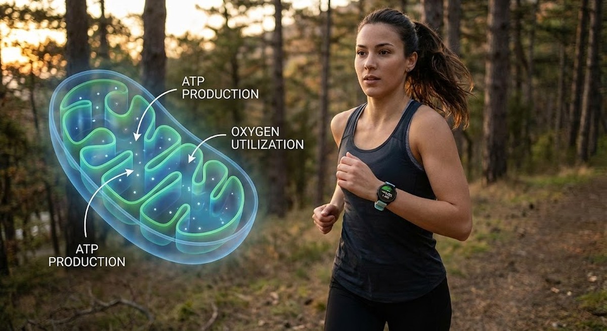 Runner in zone 2 training with mitochondria overlay.