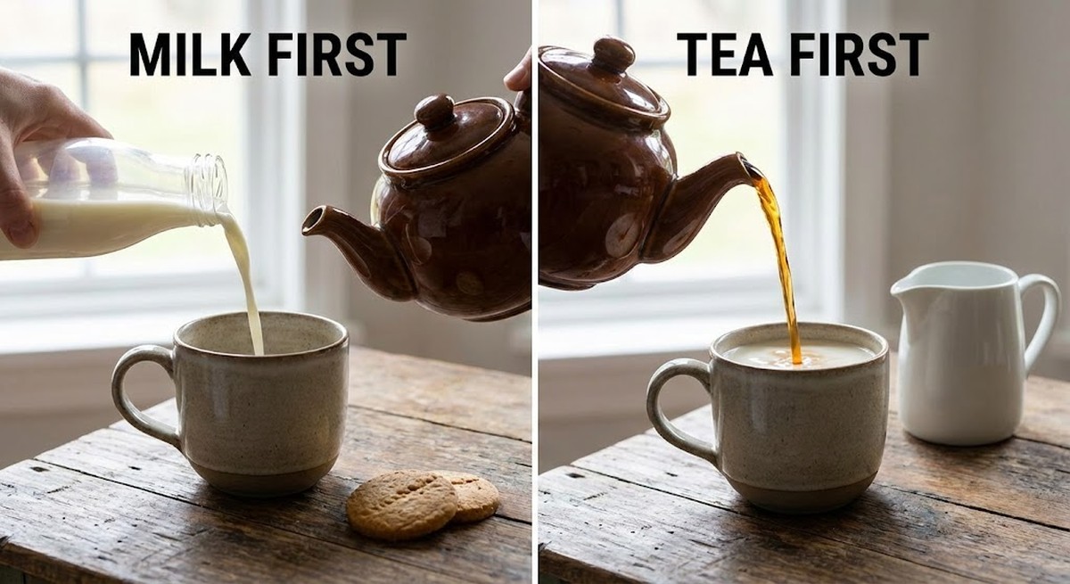 Split image showing milk being poured before and after tea.
