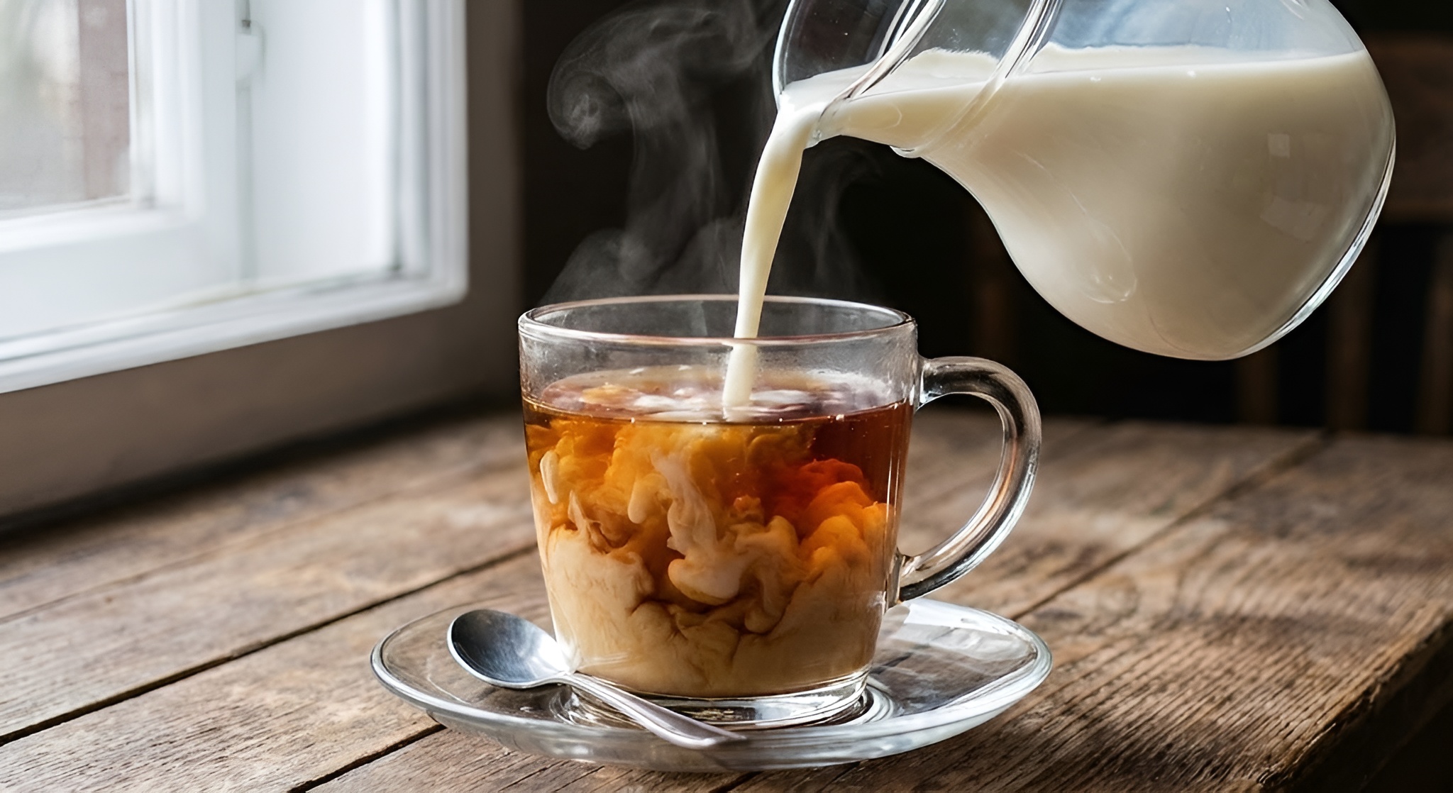 Milk pouring into tea.