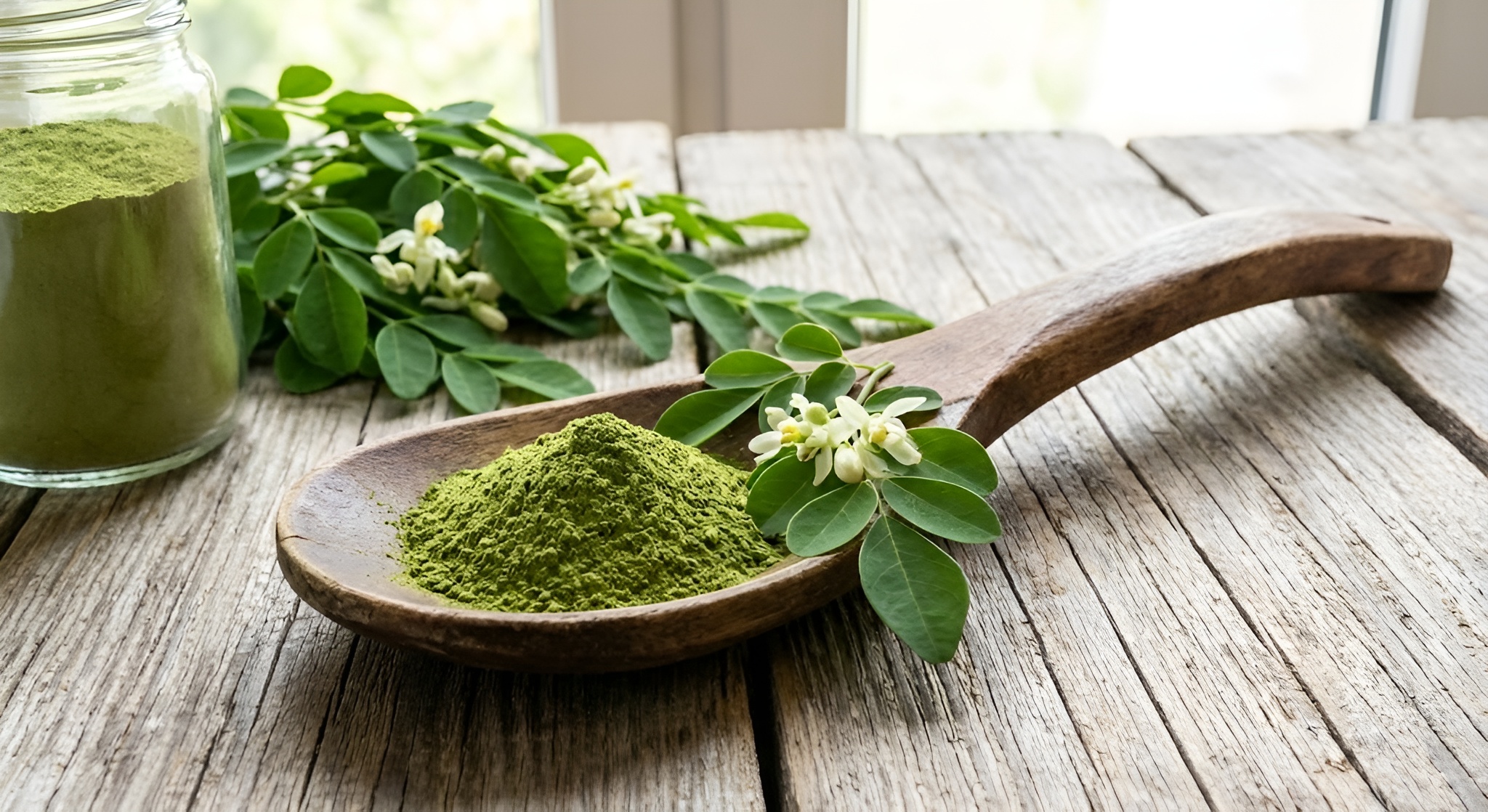 Moringa powder and fresh leaves on a wooden spoon.