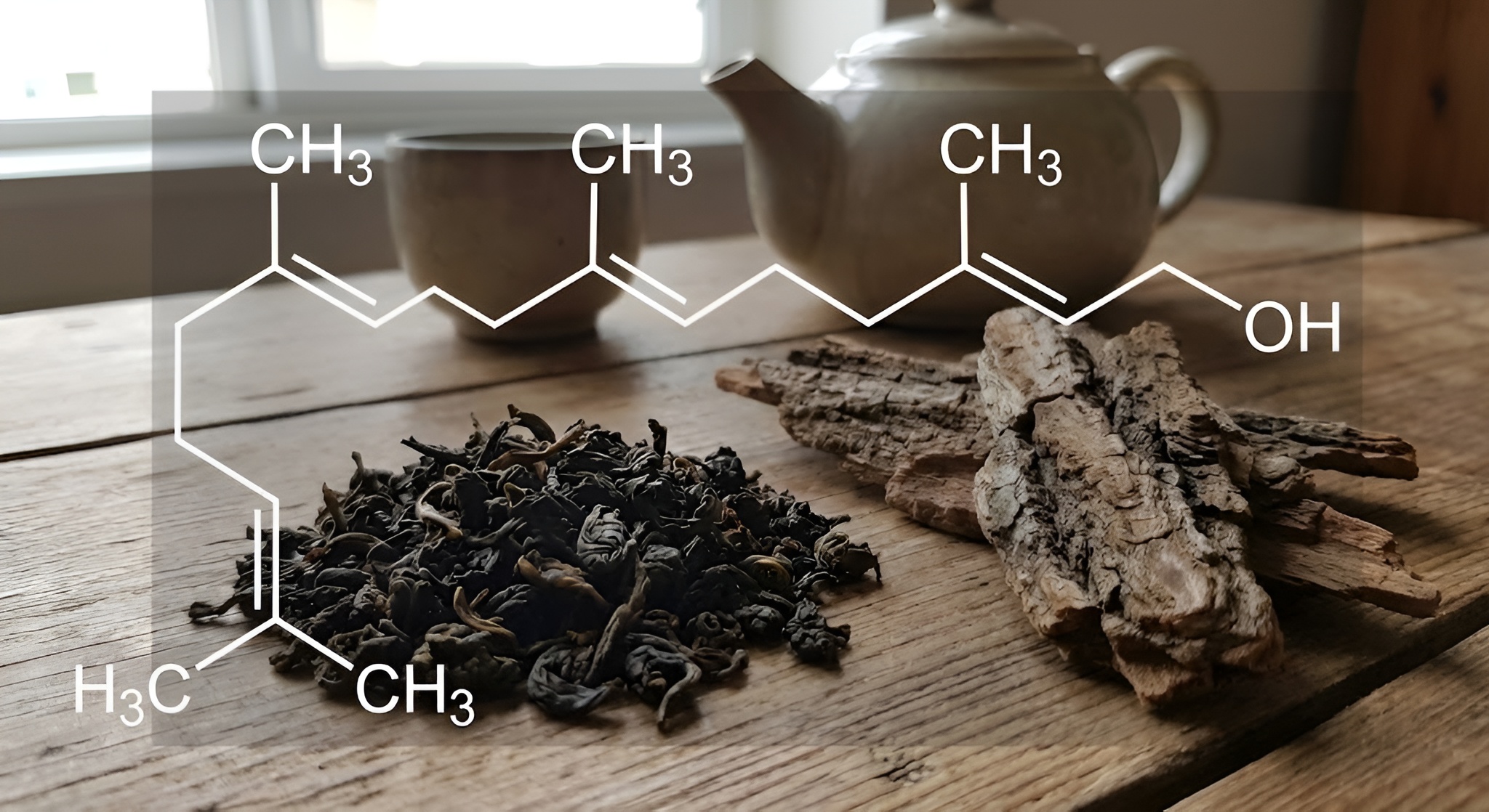 Molecular diagram of Nerolidol on tea leaves.