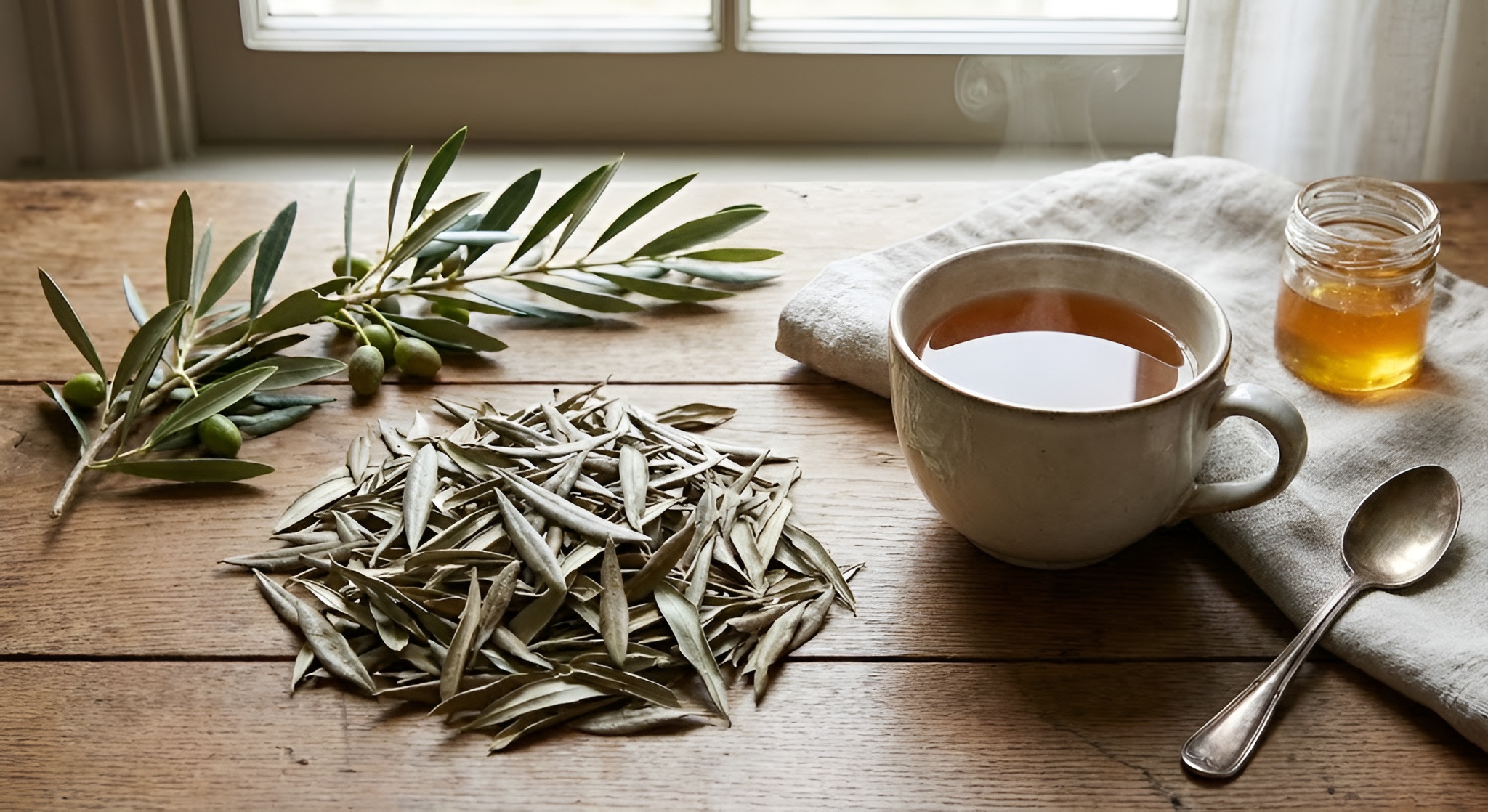 A basket of freshly harvested olive leaves next to a teapot.