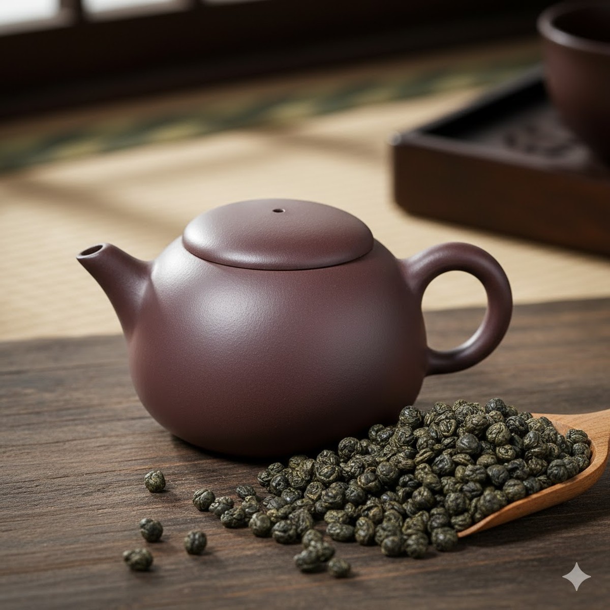 A small yixing teapot next to rolled oolong tea leaves.