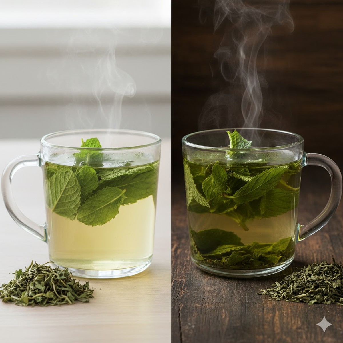 final made product of loose spearmint and peppermint side by side in a splitscreen effect.