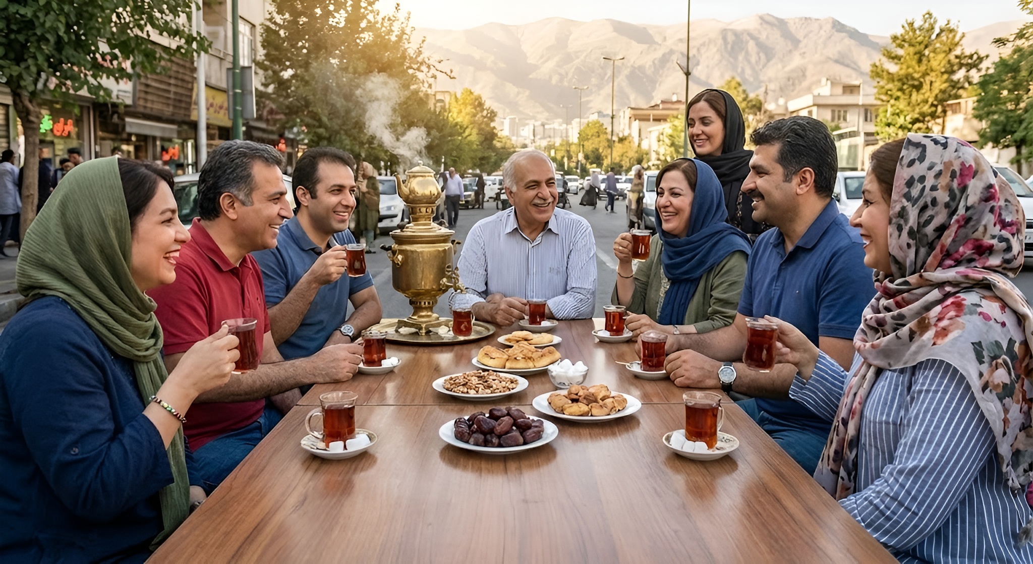 Traditional Persian samovar with small estekan glasses set on saucers, sugar cubes in a bowl, and a plate of dates on an Iranian patterned cloth