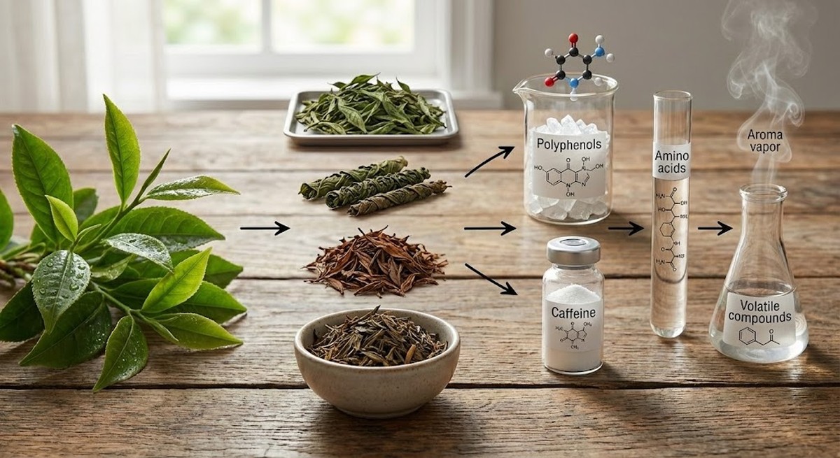 A diagram showing tea leaves breaking down into chemical compounds.