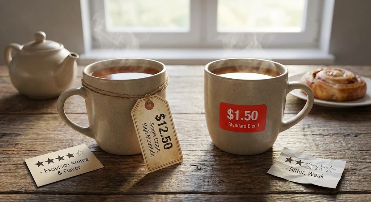 Two identical cups of tea with different price tags showing different ratings.