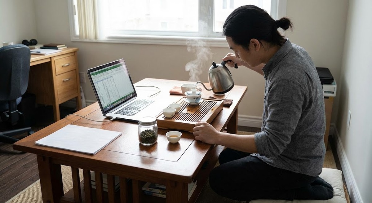 A person carefully preparing tea instead of working at their desk.