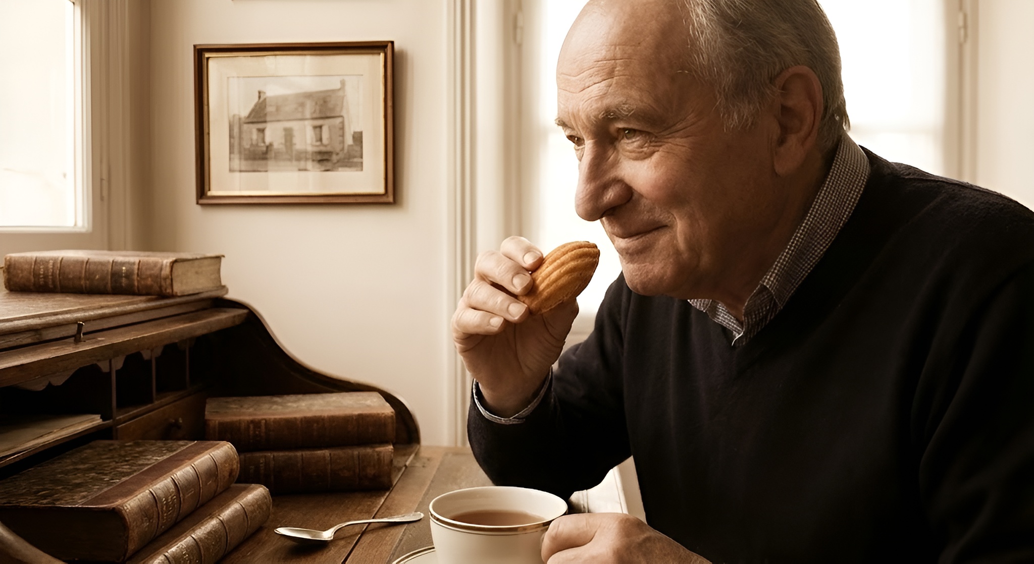 A madeleine being dipped into a cup of herbal tea.