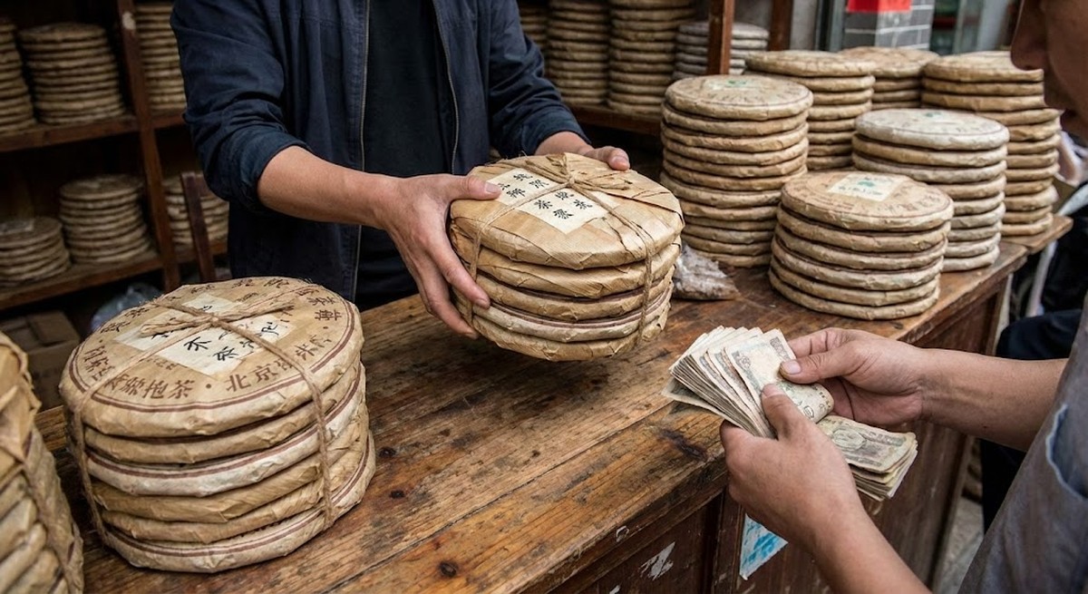 Stacks of puerh tea cakes used in financial transactions.
