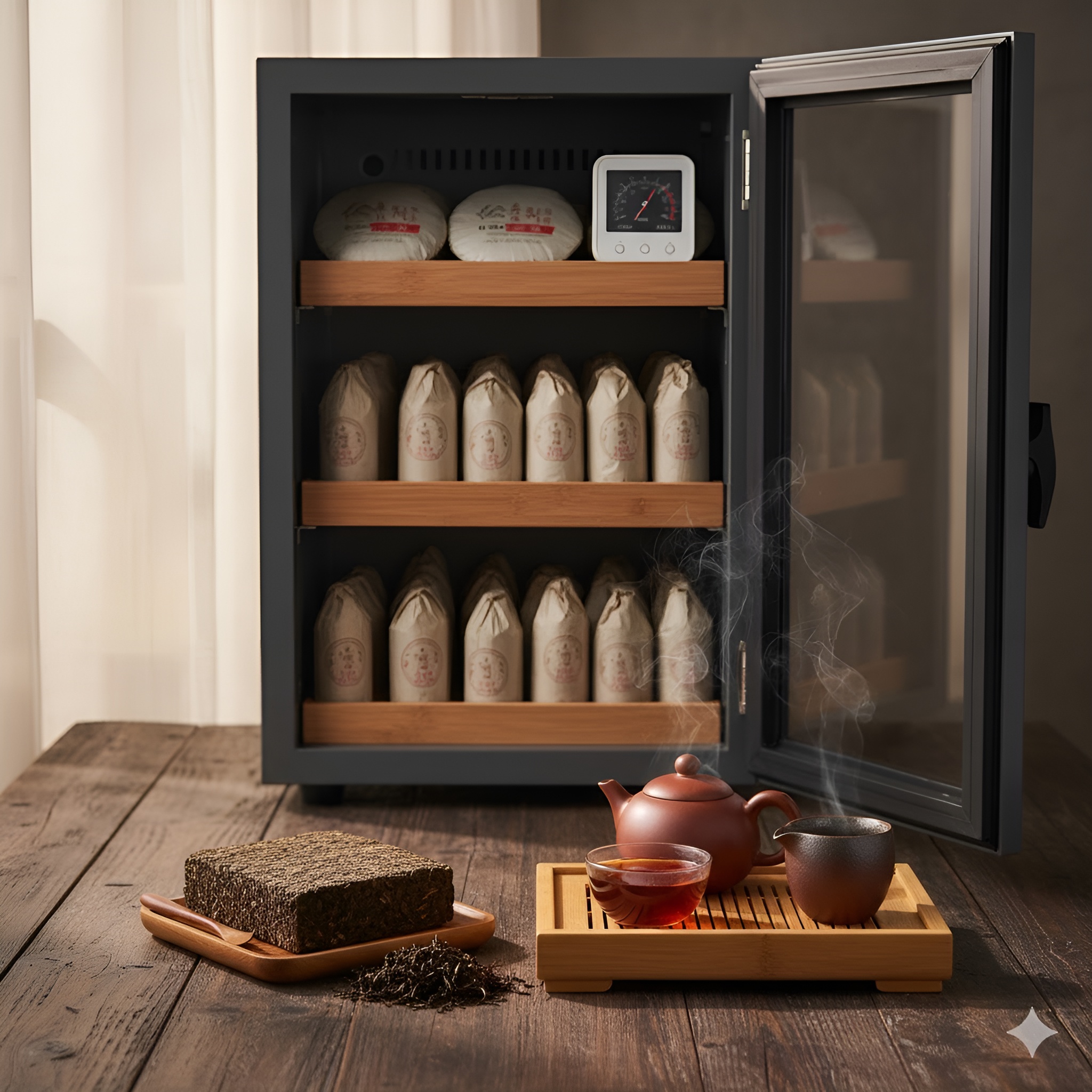 A wine cooler that has been converted into a 'Pumidor' for aging Pu-erh tea cakes.