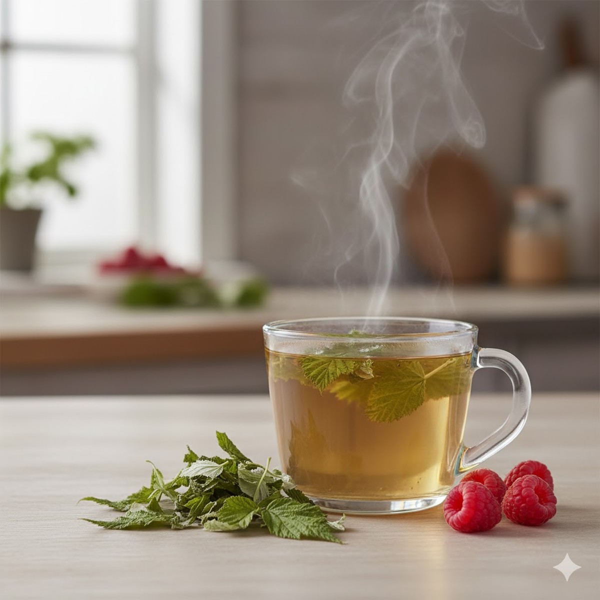 an image of raspberry leaf tea with rasberry leaves next to the cup.