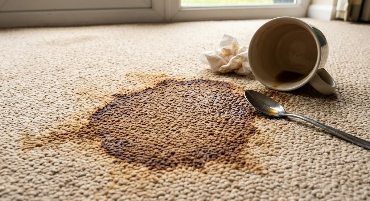 A person blotting a tea stain on a carpet with a white cloth.
