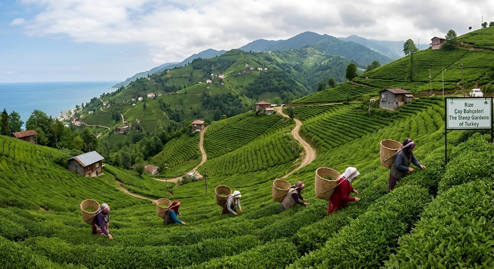 Steep tea gardens in Rize, Turkey overlooking the Black Sea.