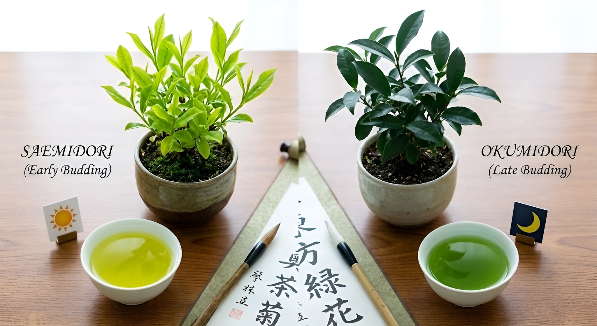 A side-by-side comparison of bright green Saemidori tea leaves and darker Okumidori leaves.
