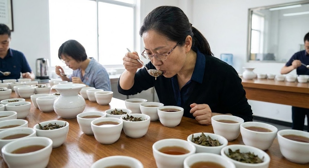 A professional tea taster slurping tea during a cupping session.
