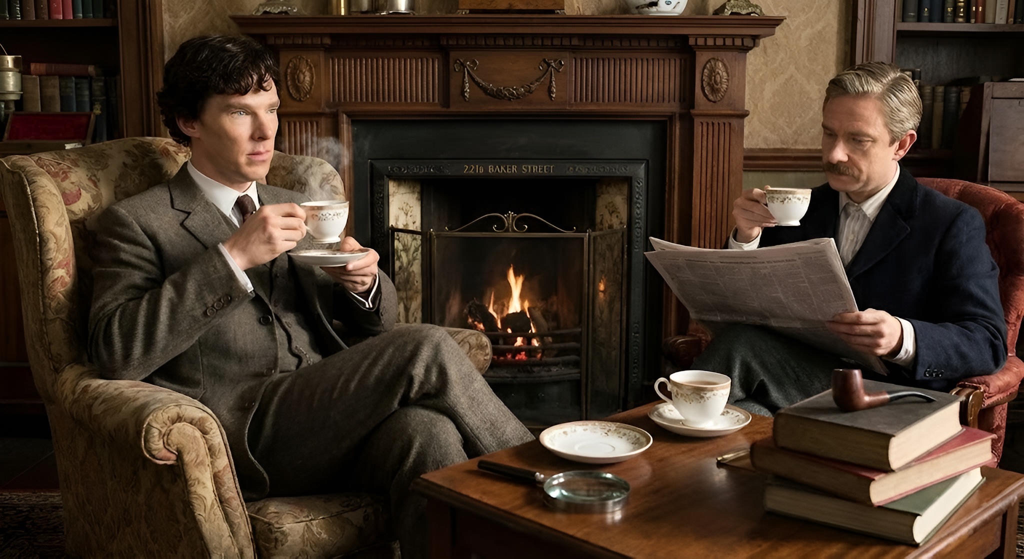 Silhouette of Sherlock Holmes with a pipe and tea.